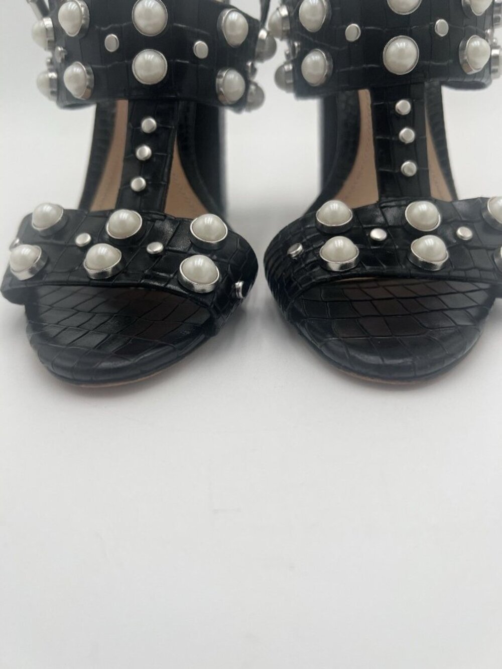 Schutz Zarita Sandals 8B Black Croc Embossed Leather Pearl Stud Slingback Heels - Picture 7 of 15